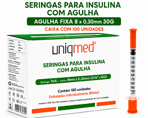 Caixa C/100 Seringas De Insulina 1mL Agulha Fixa 8 x 0,33mm 30g - Uniqmed
