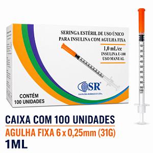 Caixa C/100 Seringas de Insulina 1ml (100UI) Agulha Fixa 6 x 0,25mm Fina (31g) - SR