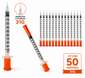 Kit C/50 Seringas de Insulina 1ml (100UI) Agulha Fixa Fina 6 x 0,25mm (31g) - SR