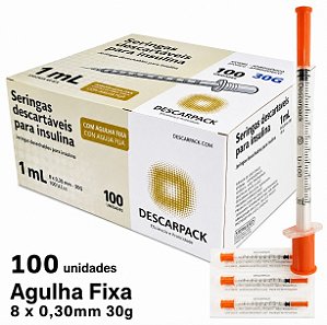 Caixa C/100 Seringas de Insulina 1ml (100UI) Agulha Fixa 8 x 0,30mm (30g) - Descarpack