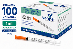 Caixa C/100 Seringas de Insulina Agulha Fixa 6mm x 0,25mm 31g 1ml (100UI) - Venper