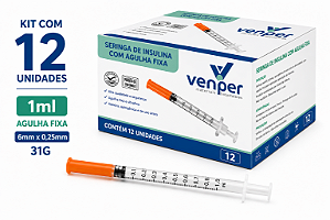Kit C/12 Seringas de Insulina Agulha Fixa 6mm x 0,25mm 31g 1ml (100UI) - Venper