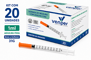 Kit C/20 Seringas de Insulina Agulha Fixa 6mm x 0,25mm 31g 1ml (100UI) - Venper