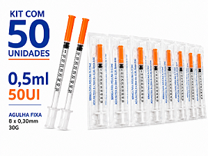 Kit C/50 Seringas de Insulina 0,5ml (50UI) Agulha Fixa 8 x 0,30mm (30g) - SR
