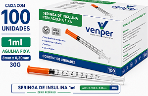 Caixa C/100 Seringas de Insulina 1ml Agulha Fixa 8mm x 0,30mm 30g (100UI) - Venper