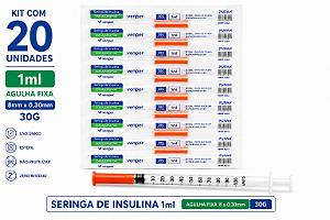 Kit C/20 Seringas de Insulina 1ml Agulha Fixa 8mm x 0,30mm 30g (100UI) - Venper