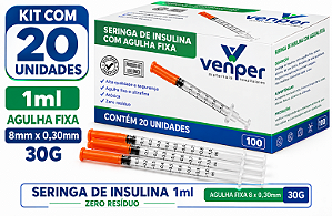 Kit C/20 Seringas de Insulina 1ml Agulha Fixa 8mm x 0,30mm 30g (100UI) - Venper