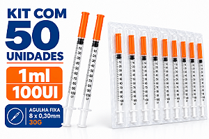 Kit C/50 Seringas de Insulina 1ml Agulha Fixa 8mm x 0,30mm 30g (100UI) - Venper
