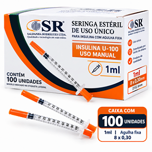 Caixa C/100 Seringas de Insulina 1ml Agulha Fixa 8 x 0,30mm (30g) - SR