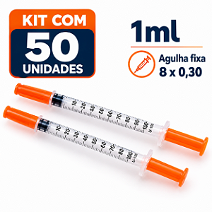Kit C/50 Seringas de Insulina 1ml Agulha Fixa 8 x 0,30mm (30g) - SR