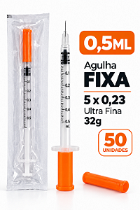 Kit C/50 Seringas de Insulina 0,5ML Agulha Fixa 5mm x 0,23mm (ULTRA FINA) 32g - Uniqmed