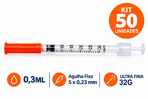 Kit C/50 Seringas de Insulina 0,3ML Agulha Fixa 5mm x 0,23mm (ULTRA FINA) 32g - Uniqmed