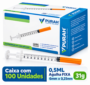 Caixa C/100 Seringas de Insulina 0,5ml Agulha Fixa 6mm x 0,25mm 31g - Venper