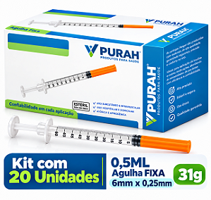 Kit C/20 Seringas de Insulina 0,5ml Agulha Fixa 6mm x 0,25mm 31g - Venper