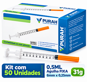 Kit C/50 Seringas de Insulina 0,5ml Agulha Fixa 6mm x 0,25mm 31g - Venper