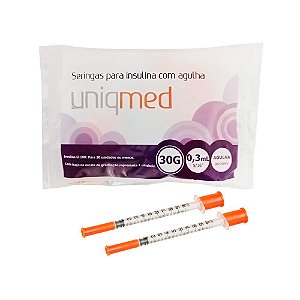 Seringa de Insulina 03ml com Agulha 8mm x 0,30mm Pacote C/10 Unid - Uniqmed