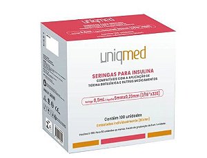 Seringas para Insulina 0,5mL (100UI) Agulha 5x0,23mm 32G Cx C/100 Un Toxina Botulínica | Estética - Uniqmed