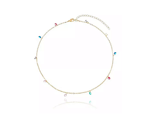 Colar Choker com Zircônias Coloridas Banhada a Ouro 18k