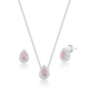 Conjunto Gota Rosa de Prata Zircônia Cravejado