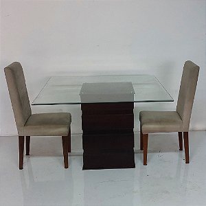 Mesa seminova com tampo vidro temperado acompanha duas cadeiras com assento em veludo