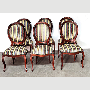 Conjunto 6 Cadeiras Provençais Antiga Estilo Medalhao Madeira Mogno Tecido Listrado