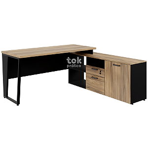 Mesa de Escritório em L tampo 30mm com Balcão - medindo 172cm x 180cm (Total) - 01 Porta + Gavetas - Mesa com Pé Trapézio