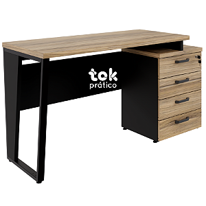 Mesa de Escritório Reta 1,35m tampo 30mm Dinâmica com Gaveteiro - Mesa com Pé Trapézio - Gaveteiro Pedestal 04 gavetas