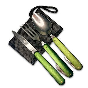 Kit 3 Talheres Inox Verde Retrátil Camping