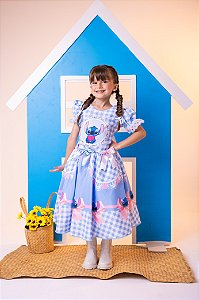 Vestido Junino Tematico Luxo Lilo Stitch Azul Bebe