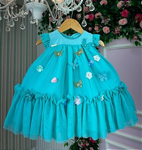 Vestido Vila Lele Jardim das Borboletas Baby Liz Verde Tiffany