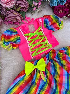 Conjunto Junino Banana Club Luxo Manu Rosa Neon