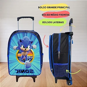 Kit Mochila Rodinhas + Lancheira + Estojo Sonic