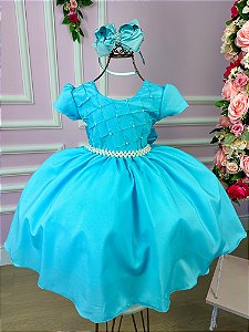 Vestido Ysa Kids Azul Tiffany Peito Perolas