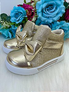Tênis Bota Encanto de Criança Lacinho Dourado Glitter Rebeca