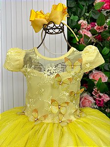 Vestido Vila Lele Longo Jardim Encantado Borboletas Amarelo