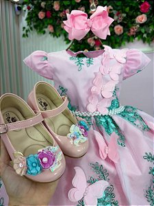 Vestido Marie Jardim Encantado Luxo Rosa e Verde Tiffany