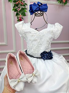 Vestido Lorenzetti Longo Branco Peito Rendado Cinto Azul Marinho