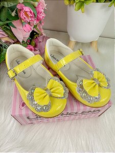 Sapatilha Flor Di MIla Baby Amarelo Lacinho Strass