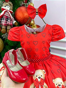 Vestido Mimadine Ursinho Menininha Vermelho Natal