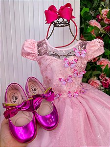 Vestido Vila Lele Longo Jardim Encantado Borboletas Rosa Bebe