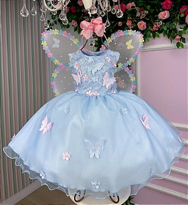 Vestido Marie Jardim das Borboletas Azul Bebe Viviane