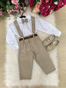 Conjunto Meninos Miss Cherry Leo Suspensorio Bege