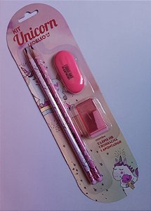 Kit Escolar Unicórnio Rosê/Salmão (2 Lápis/1Apontador/1Borracha) Blister - Leo & Leo