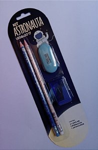 Kit Escolar Astronauta Azul (2 Lápis/1Apontador/1Borracha) Blister - Leo & Leo