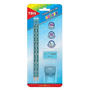 Kit Escolar 2 Lápis Preto com borracha + 1 Apontador com Depósito + 1 Borracha Love Blue - Tris
