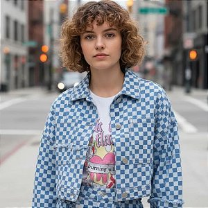 Jaqueta Feminina Cropped Jeans Quadriculado Enfim