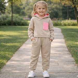 Conjunto Longo Infantil Moletom Peluciado Com Capuz Menina Kely & Kety