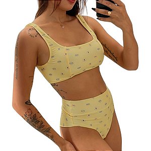 Biquíni Top Cropped Com Hot Pant- Amarelo / Azul Claro- Enfim