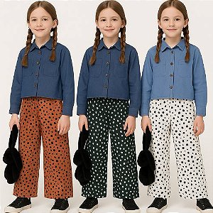 Conjunto Menina Camisa Jeans & Calça Wide Leg- Carinhoso
