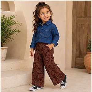 Conjunto Menina Camisa Jeans & Calça Wide Leg- Carinhoso